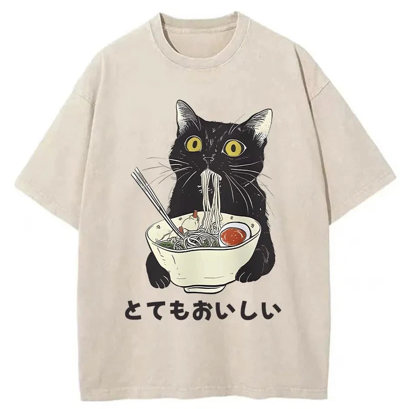 Cats Eat Ramen Noodles Washed T-Shirt