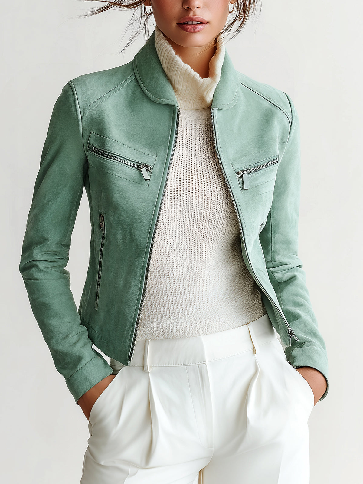 Taidalw Chic Vintage Mint Green Faux Suede Peter-Pan-Collar Zipper Utility-Pocket Cropped Biker Jacket
