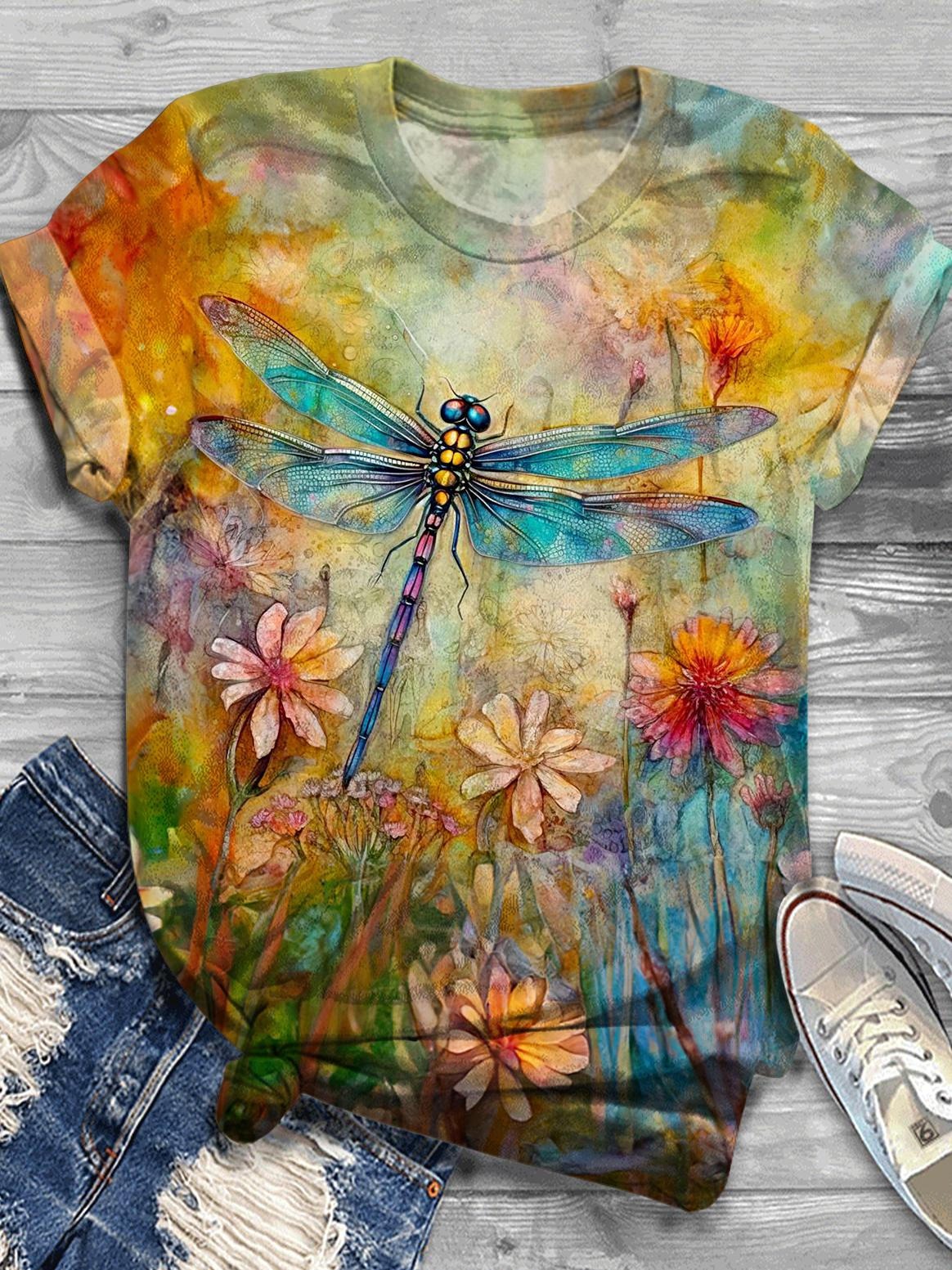 Women's Dragonfly Printed Crew Neck T-Shirt