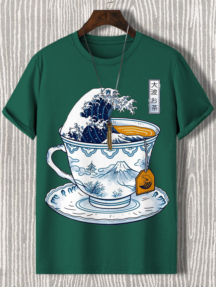 100% Cotton Wave Art In A Teacup Japanese Art Print  Casual T-Shirt