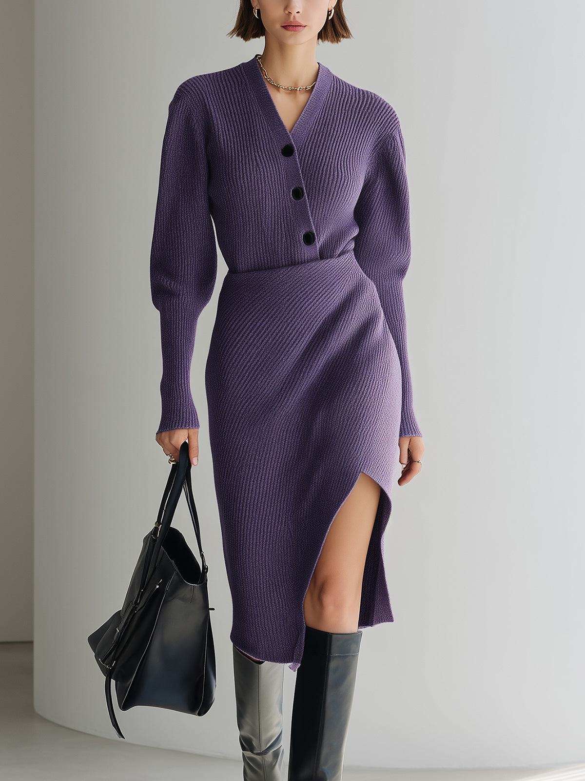 Taidalw Chic Vintage Purple V-Neck Button-Front Long Sleeve Cardigan Top Bodycon Side Slit Midi Skirt Knit Two-Piece Set