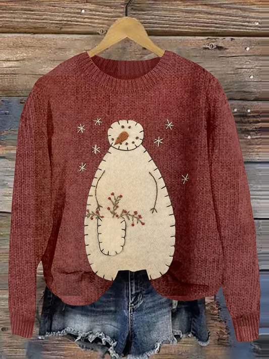 Women's Christmas Snowman Patch Art Print Crew Neck Casual Knit Pullover