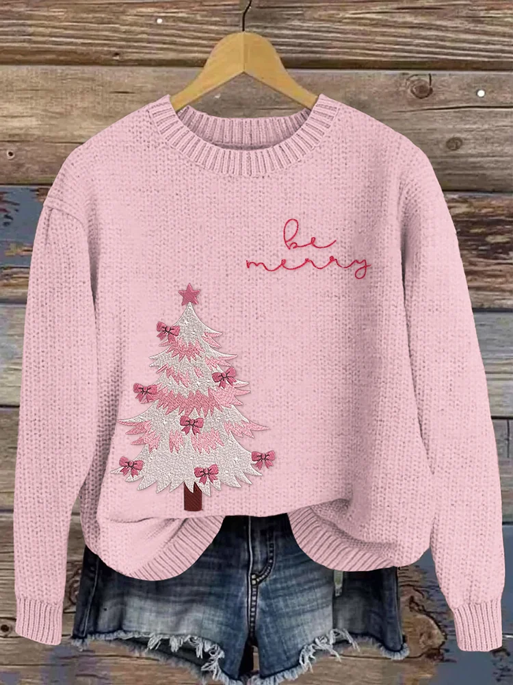 Women's Christmas Tree Print Crew Neck Casual Knit Pullover