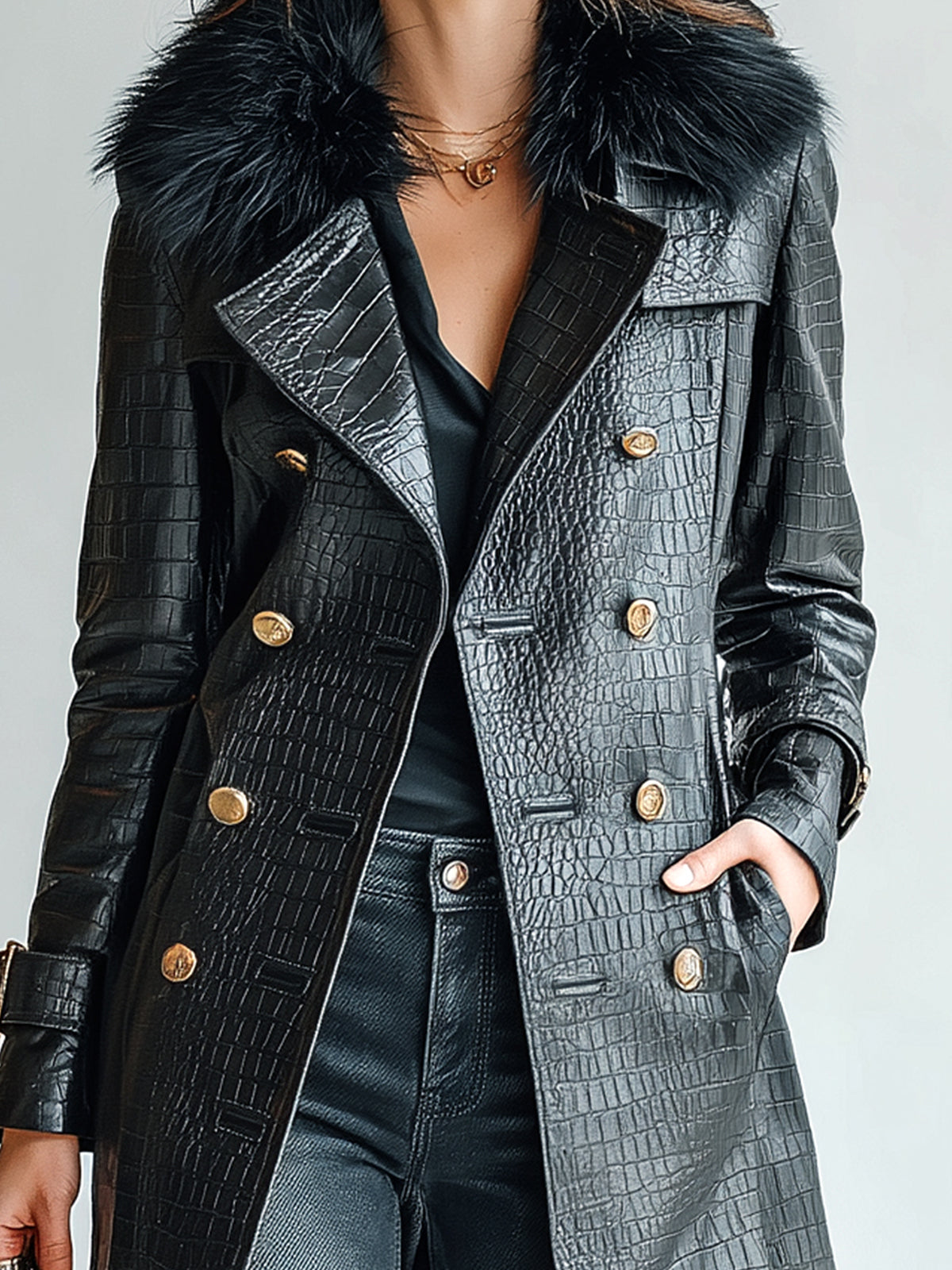 Taidalw Chic Vintage Black Crocodile-Embossed Faux Leather Detachable Fur Collar Double-Breasted Long Trench Coat