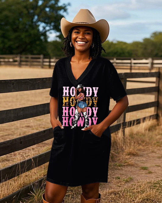 Cowgirl Howdy Casual V-neck Pocket Dress