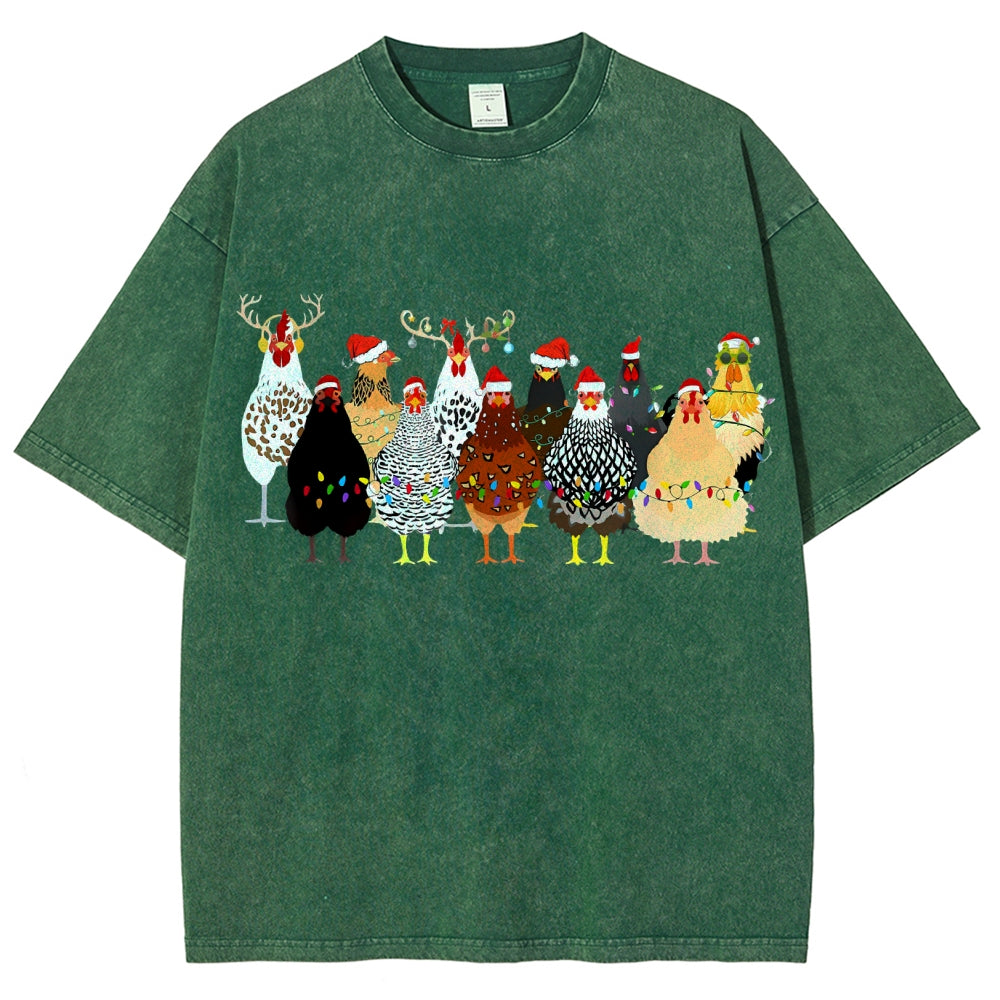 Unisex Christmas Chicken Printed Washed Tee