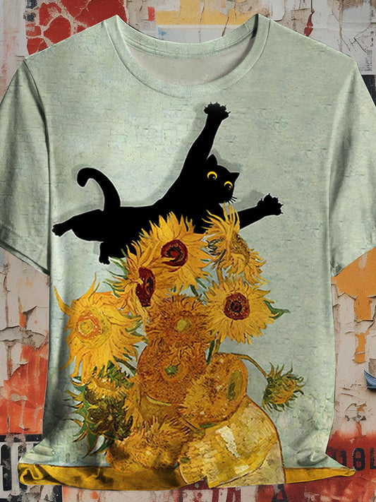 Funny Cat Print Casual Short Sleeve Top