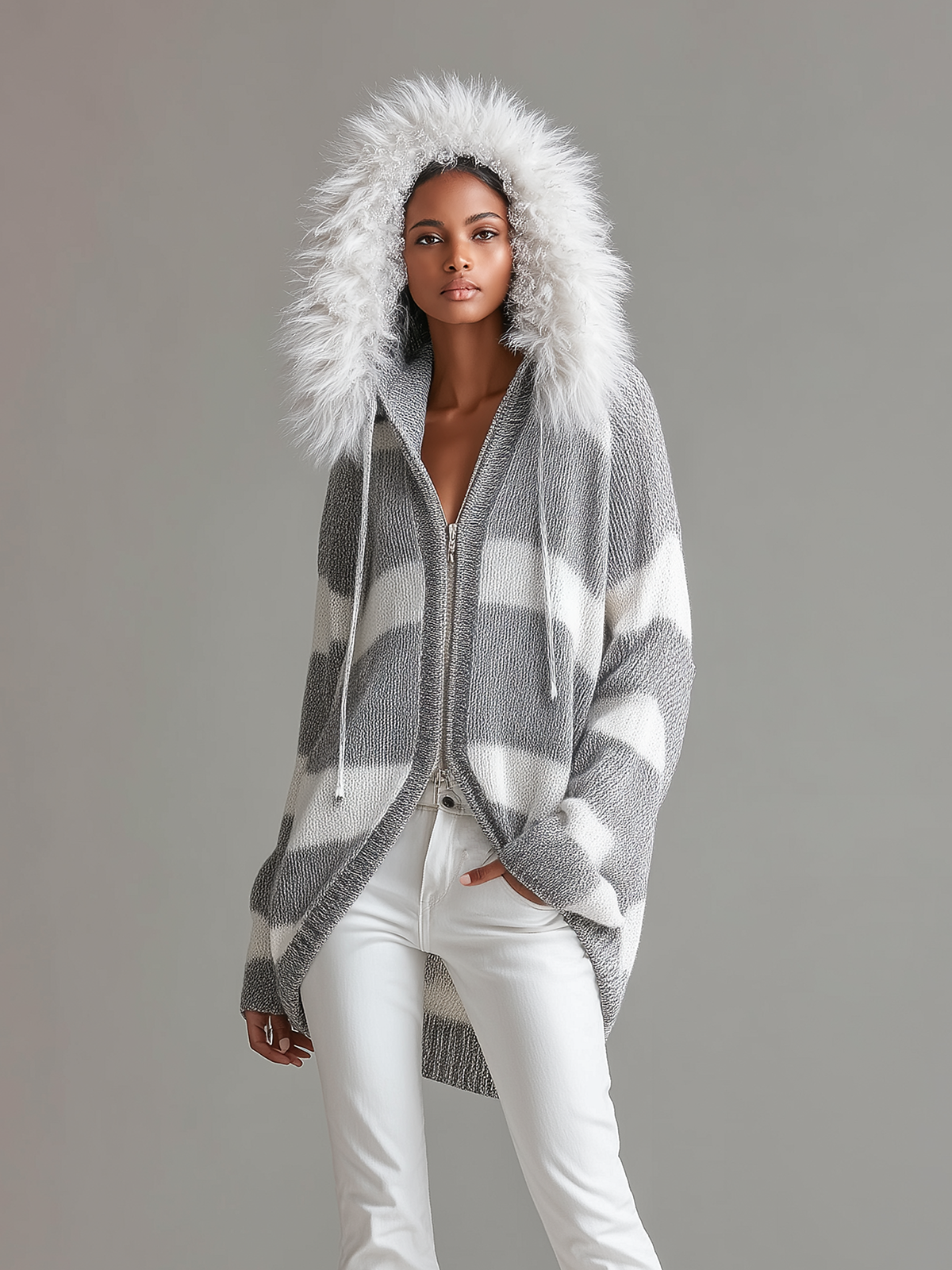 Taidalw Chic Casual Gray And White Striped Hooded Fur Collar Zipper-Placket Long Sleeve Loose Knit Cardigan
