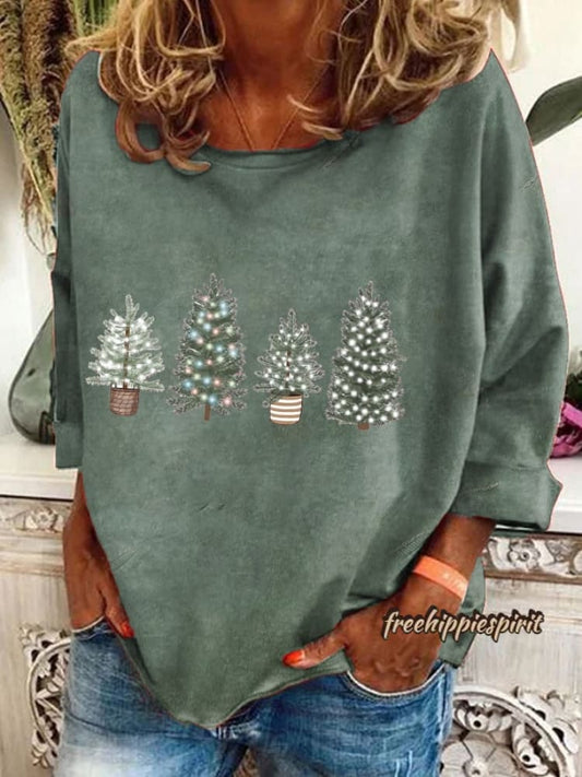 Women's Vintage Christmas Printed Long Sleeve V-Neck Top