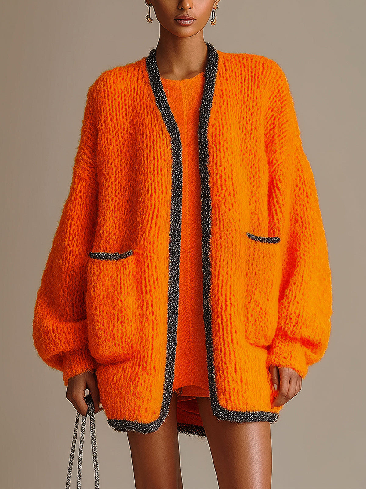 Taidalw Chic Casual Orange Contrast Trim Patch Pockets Oversized Mid-Length Knit Cardigan