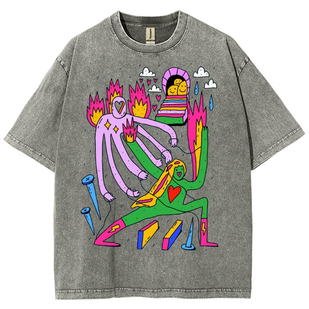 Unisex Art Abstract People Printed Washed Tee