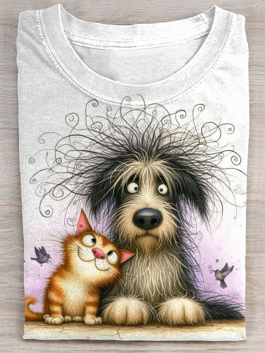 Cat Dog Lover Art Print Casaul Short Sleeve T-shirt