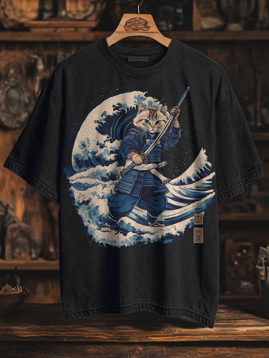 The Great Wave Off Kanagawa Cat Samurai Print Casual T-Shirt