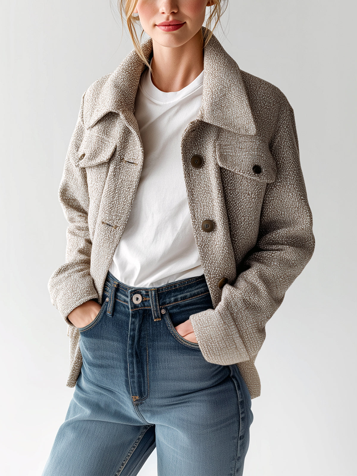 Taidalw Chic Vintage Light Brown Tweed Lapel Single-Breasted Chest Pocket Slim Fit Jacket