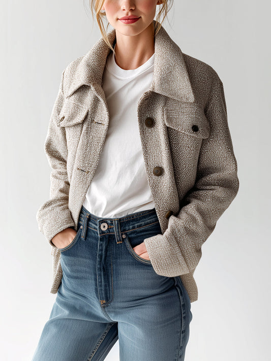 Taidalw Chic Vintage Light Brown Tweed Lapel Single-Breasted Chest Pocket Slim Fit Jacket