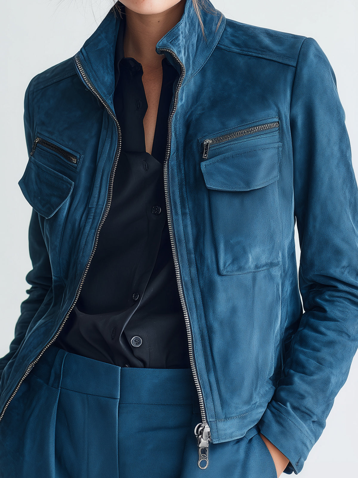 Taidalw Chic Vintage Dark Blue Faux Suede Stand-Collar Zipper Utility-Pocket Cropped Biker Jacket