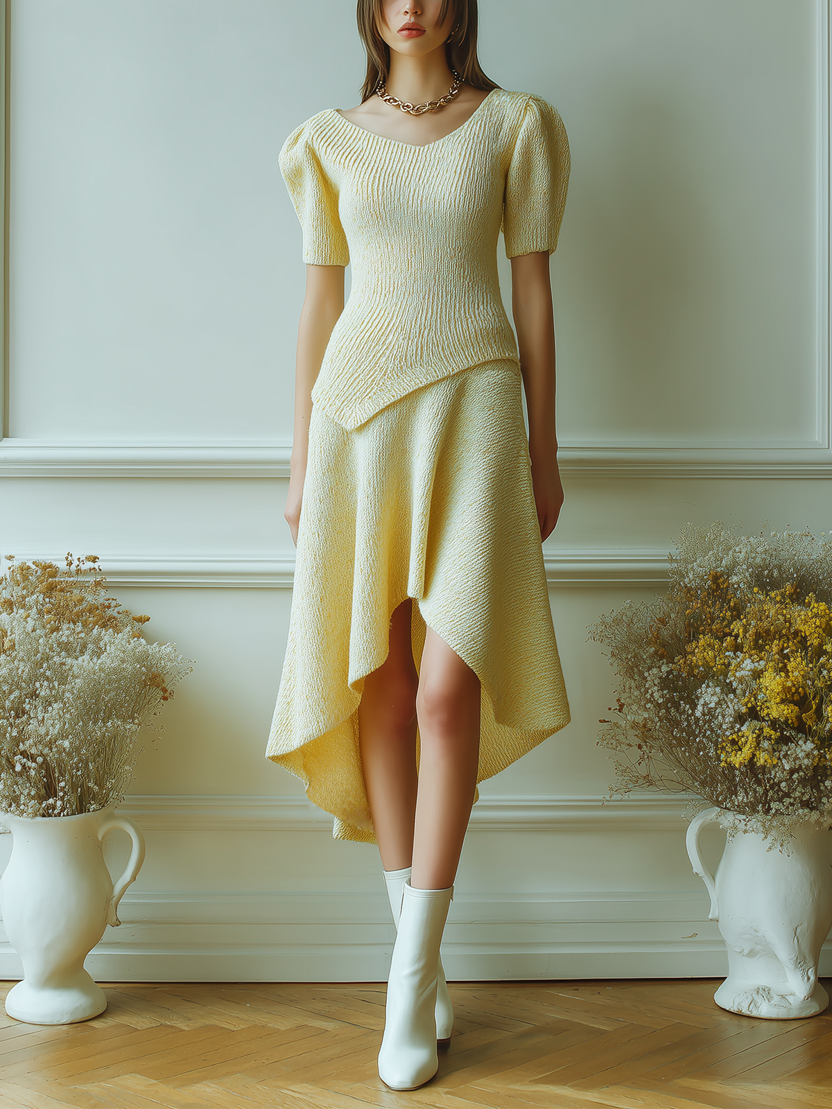 Taidalw Chic Vintage Light Yellow Crew-Neck Short Puff Sleeve Top Irregular A-line Maxi Skirt Knit Two-Piece Set