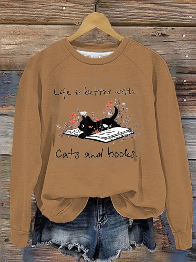 Fun Cat Print Casual Crew Neck Sweatshirt