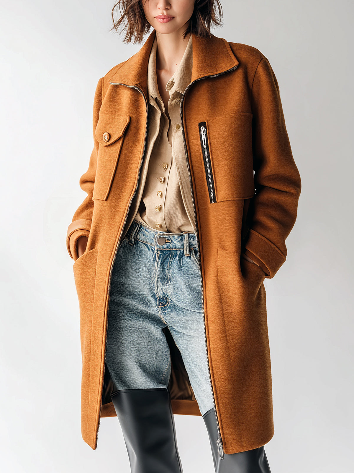 Taidalw Chic Caramel Collared Zip-Up Multi-Pocket Mid-Length Sophisticated Statement Coat