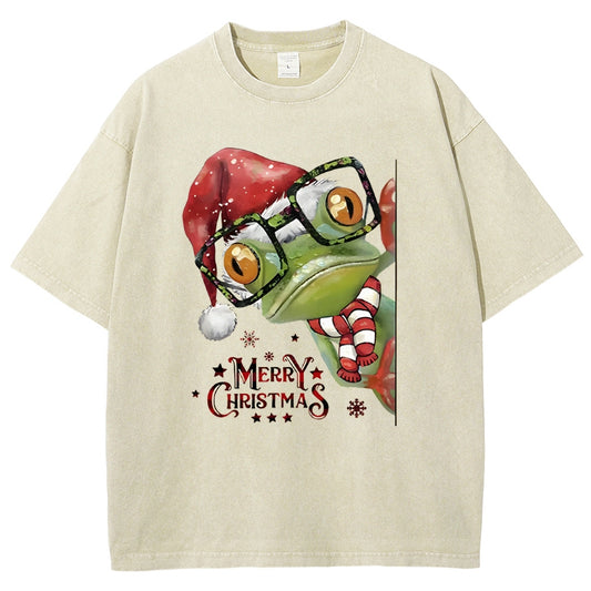 Unisex Christmas Frog Printed Washed Tee