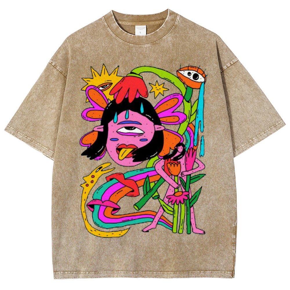 Unisex Abstract Art Human Face Eyes Printed Washed Tee