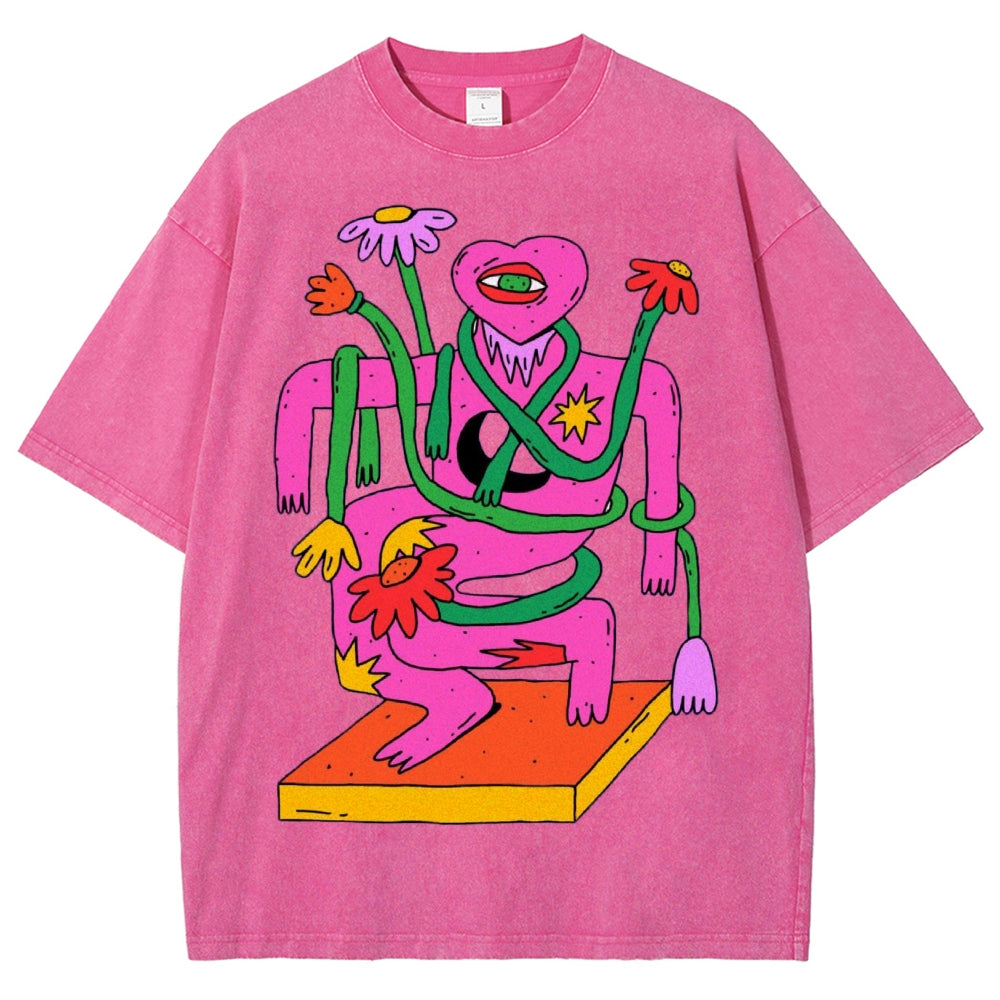 Unisex Abstract Art Flower Portrait Printed Washed Tee