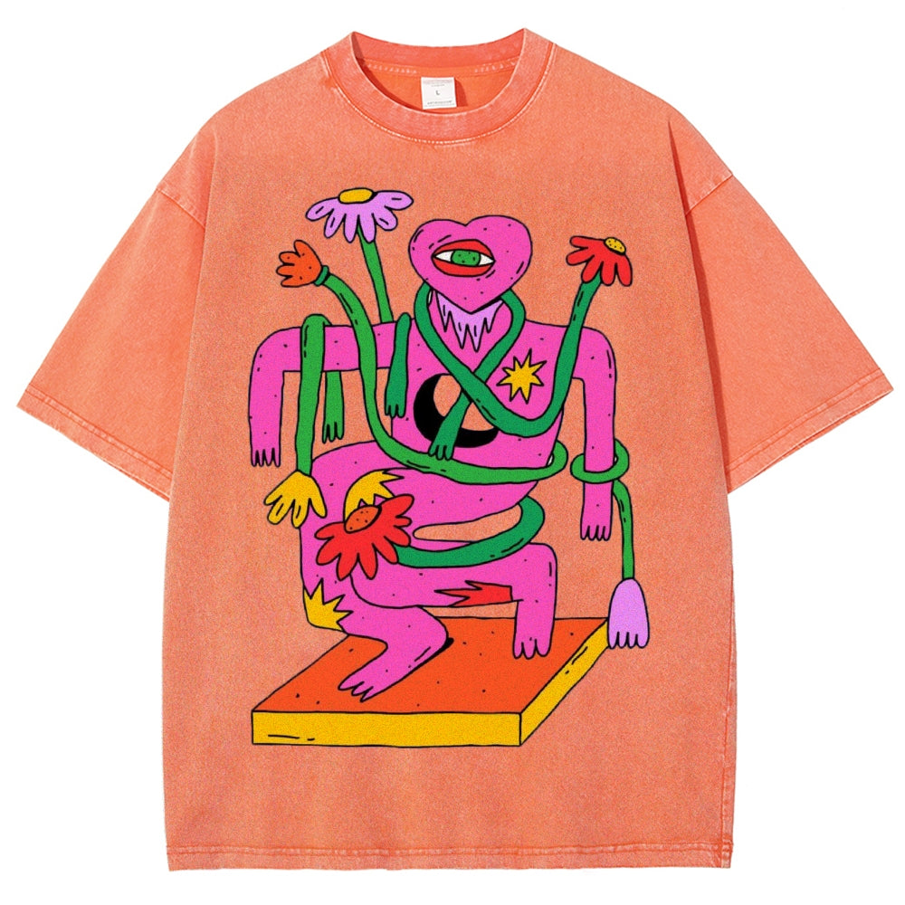 Unisex Abstract Art Flower Portrait Printed Washed Tee