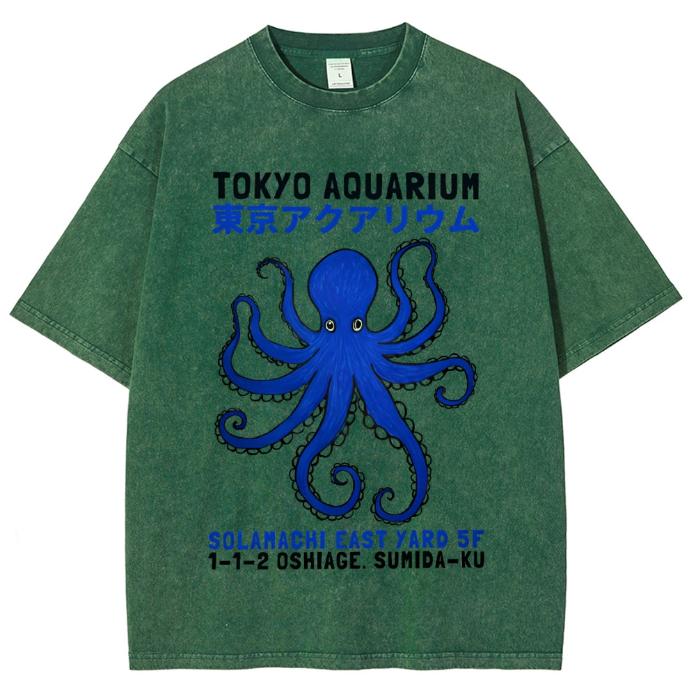 Unisex Japanese Style Octopus Printed Washed Tee