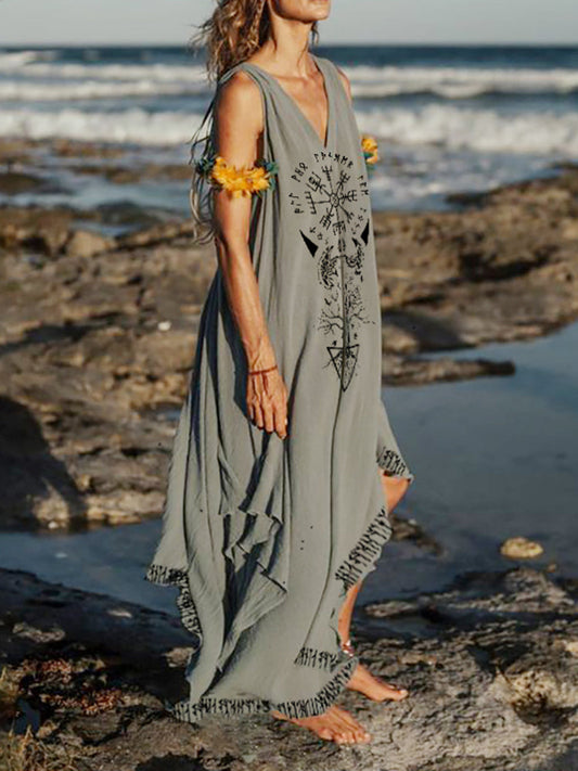 Retro Viking Totem Printed Linen V-Neck Maxi Dress