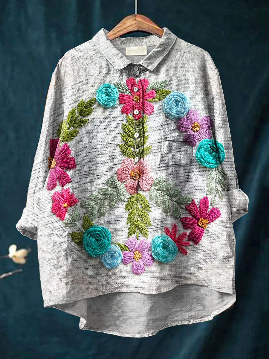 Women's Vintage Peace Sign Pattern Flower Embroidery Print Casual Cotton And Linen Shirt