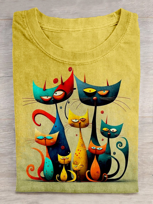 Cute Cat Art Print Casaul Short Sleeve T-shirt