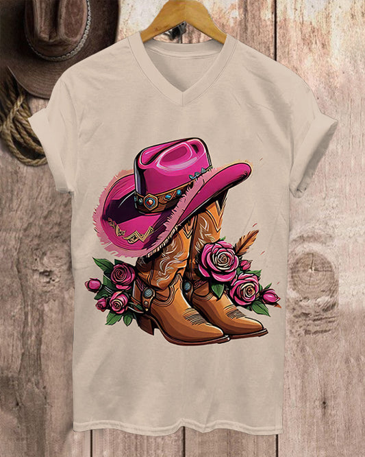 100% Cotton Music Festival Cowgirl V-neck Short Sleeve Tshirt