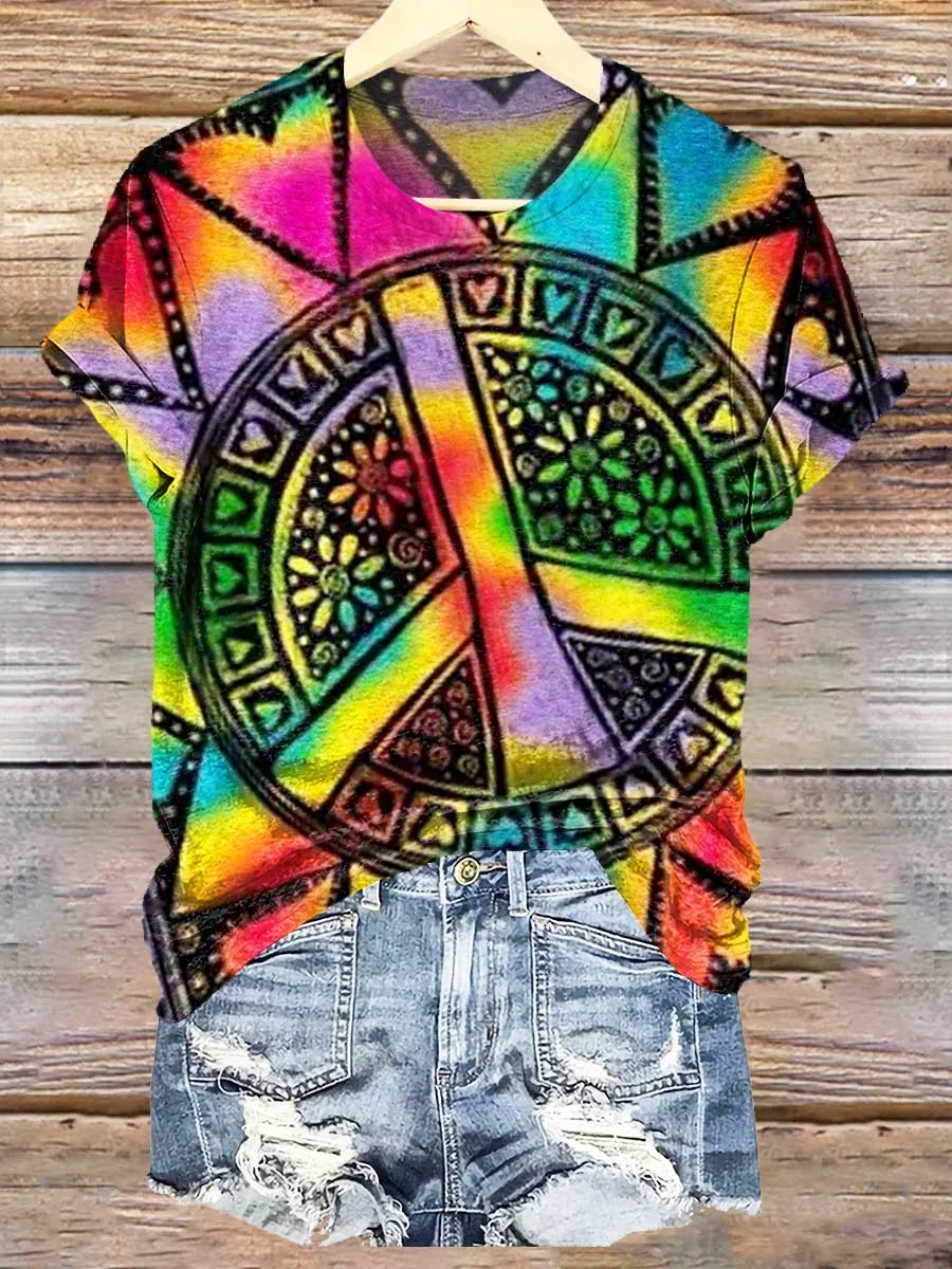 Women's Tie-Dye Hippie Peace Prints Cotton Crew Neck Tee