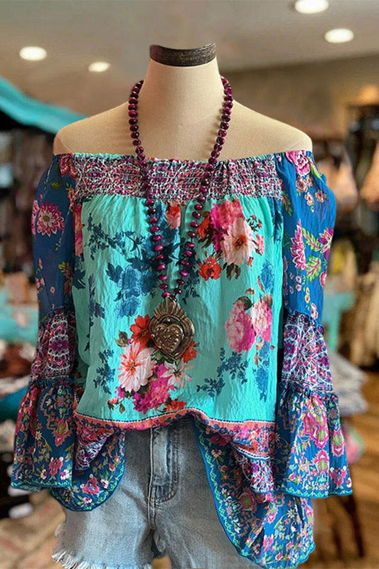 Floral print off-the-shoulder paneled ruffled top