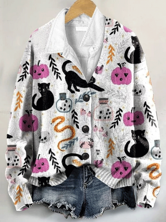 Halloween Black Cat Art Print Buttoned V-neck Cardigan Sweater