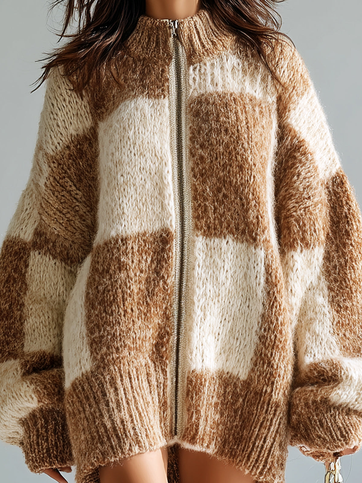 Taidalw Casual Vintage Contrast Plaid Stand Collar Zipper-Front Oversized Long Sleeve Knit Cardigan