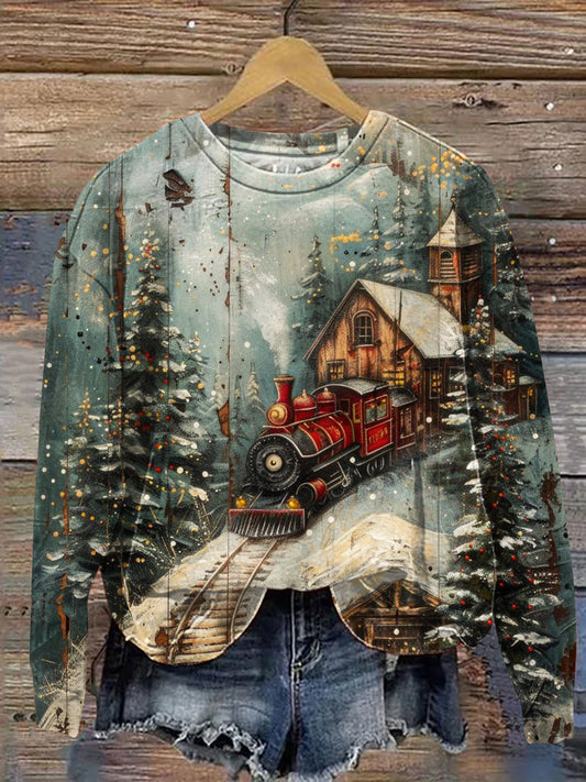 Vintage Christmas Train Art Print Casual Sweatshirt