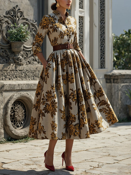 Midi Cotton Dress, Half Sleeve, Shawl Collar, Floral, Button Design, Vintage, Gray-brown