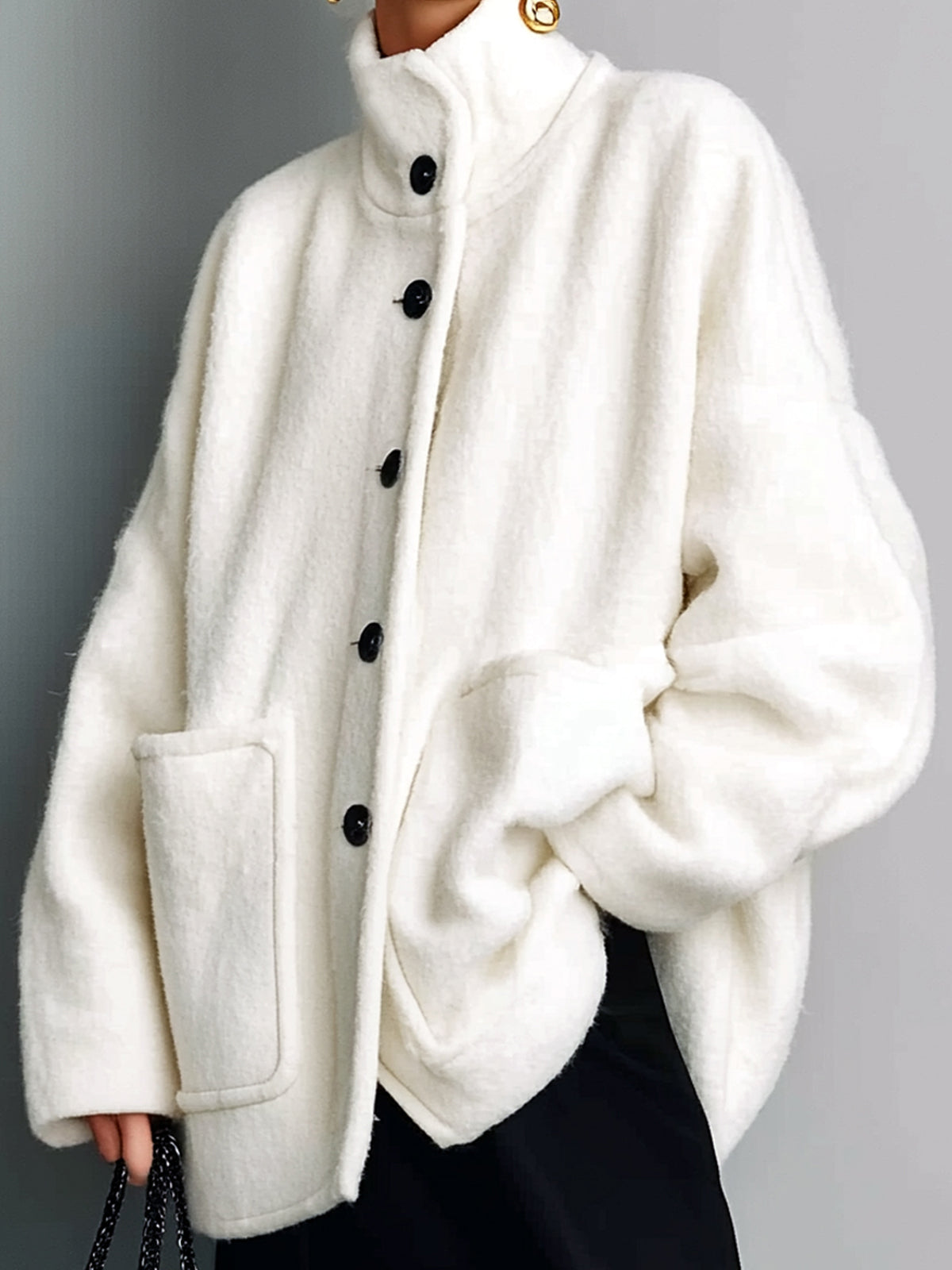 Taidalw Chic Vintage Cream White Wool Blend Stand Collar Single-Breasted Patch Pocket Slouchy Short Jacket