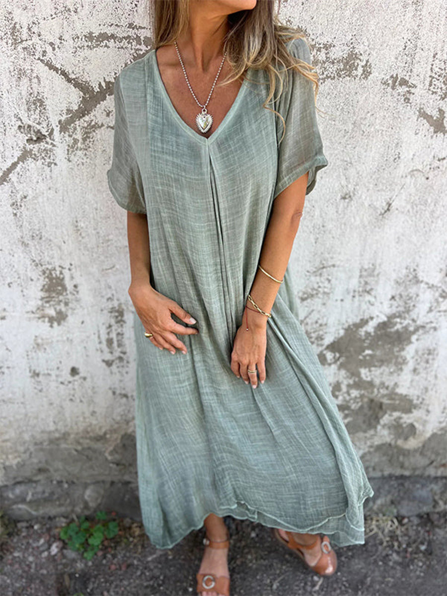 Stylish Cotton and Linen V-neck Dress