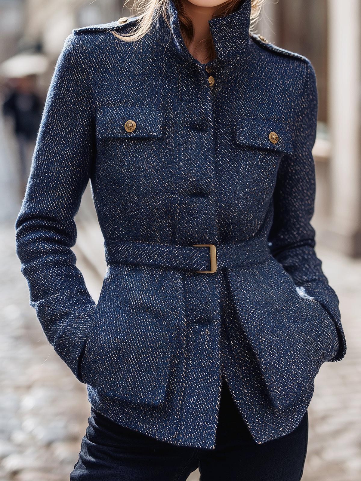 Taidalw Chic Vintage Twill Wool Blend Stand Collar Single-Breasted Multi-Pocket Belted Safari Jacket