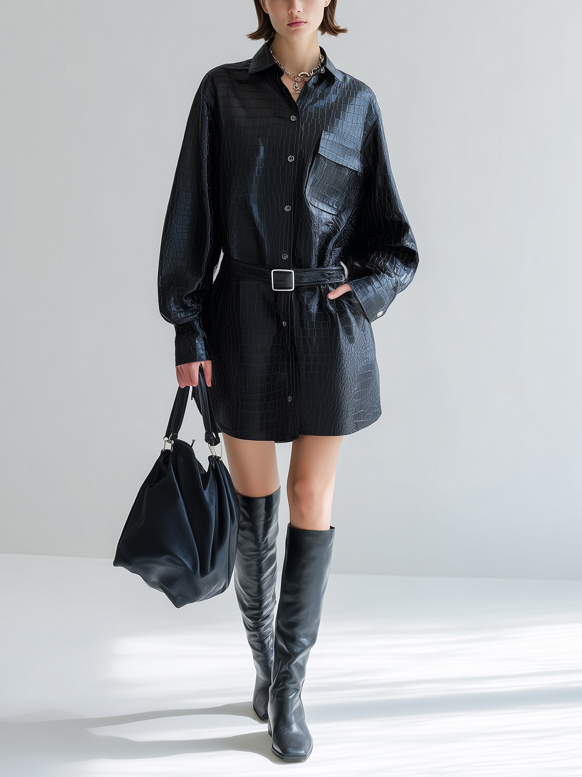 Taidalw Chic Vintage Black Crocodile PU Lapel Single-Breasted Long Sleeve Belted Oversized Mini Shirt Dress