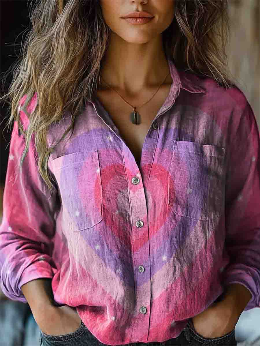 Women's Colorful Geometric Heart Pattern Printed Casual Long Sleeve Comfortable Cotton Shirt