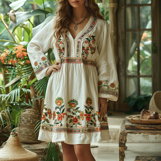 Women's Linen Retro Ethnic Bohemia Style Midi Dress