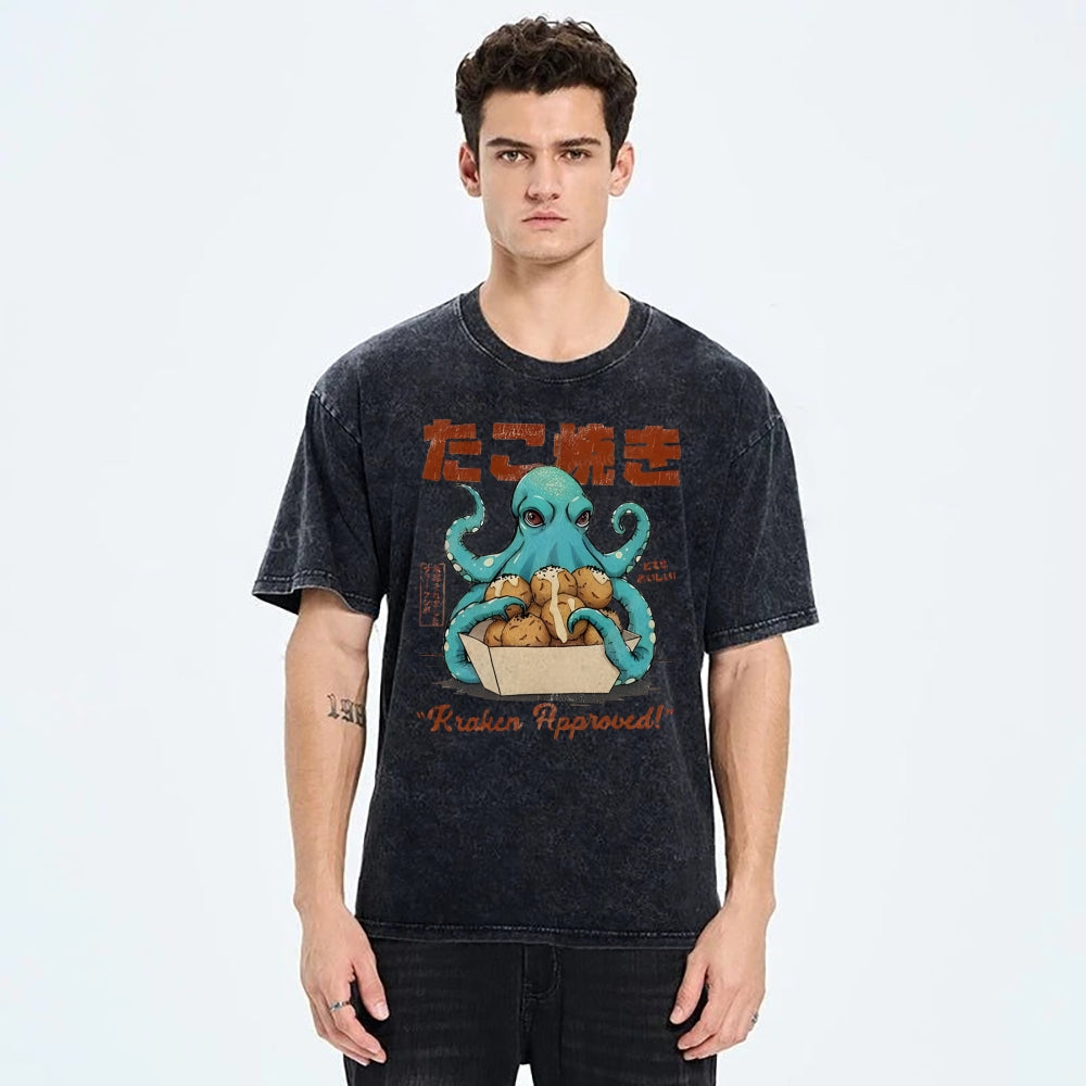 Unisex Japanese Octopus Printed Washed Tee