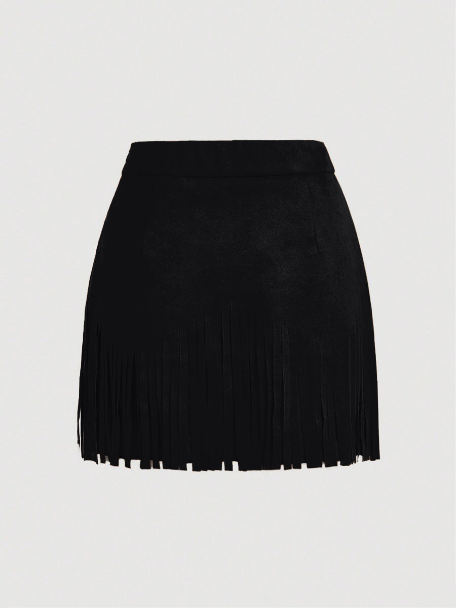 Women's Vintage Hippie Rivet Fringe Brown Suede A-Line Skirt