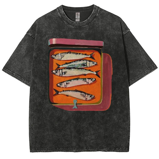 Unisex Canned Sardines Printed Casual Washed T-shirt