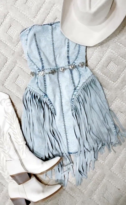 Denim Tube Top Fringed Midi Dress