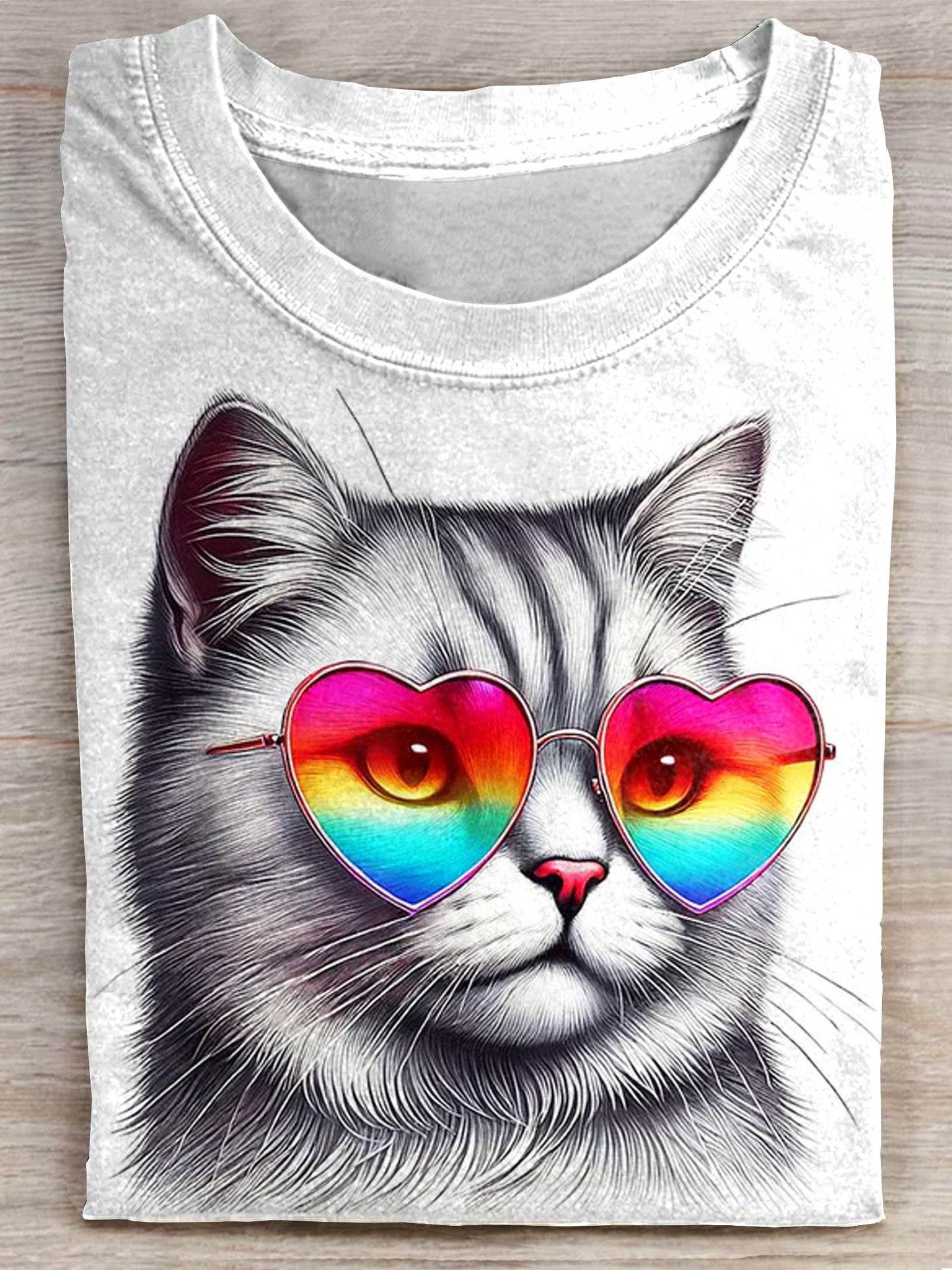 Cute Valentines Day Grey Cat Heart Sunglasses Art Print Casaul Short Sleeve T-shirt