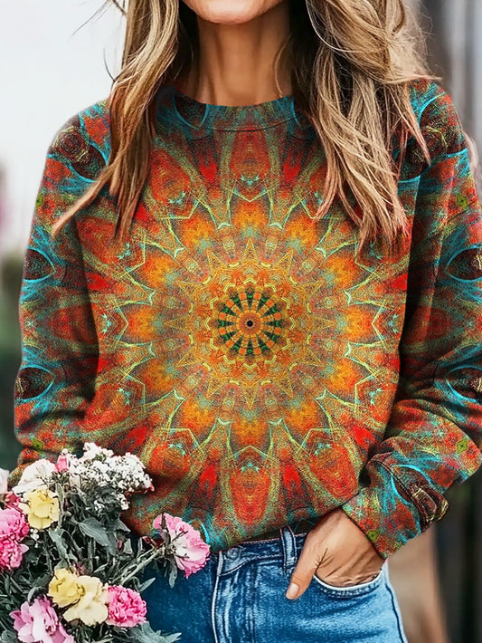 Women's Vintage Mandala Art Print Casual Crew Neck Sweatshirt